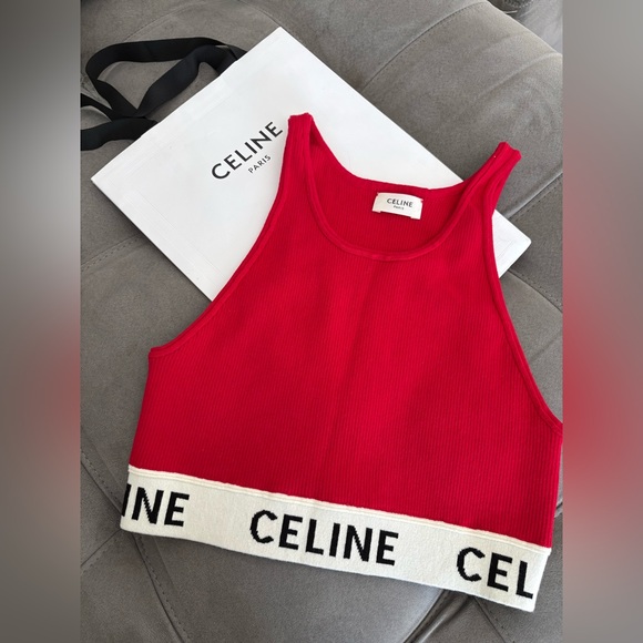 Celine Red Graphic Print Scoop Neck Crop Top Size S Logo Top - Picture 4 of 16